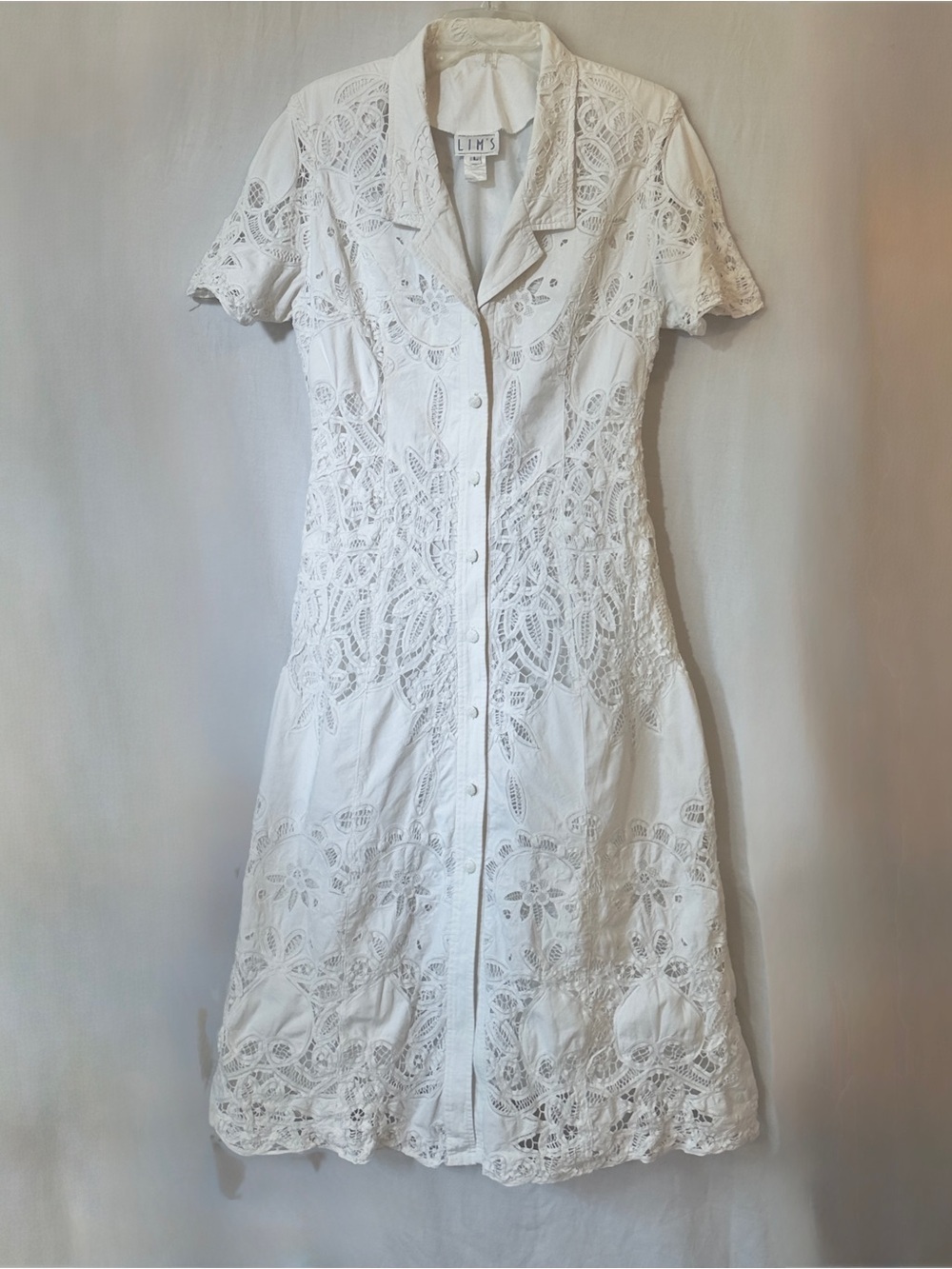 Lim’s White Cotton Lace Button Front Bridal Midi Dress